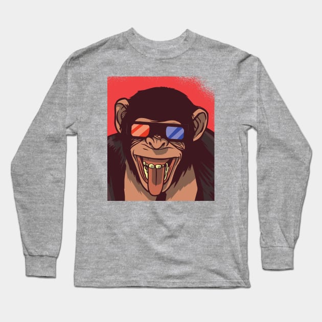 Retro Chimpanzee Wearing 3D Glasses // Vintage Monkey Illustration Long Sleeve T-Shirt by SLAG_Creative